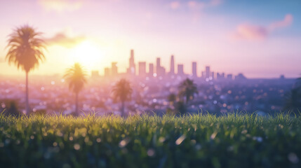 vibrant sunrise over Los Angeles with palm trees and grassy foreground creates serene atmosphere. city skyline is softly blurred in background, enhancing peaceful scene