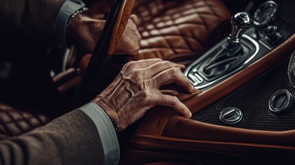 Man's Hands Operating Car Interior Controls in Luxury Vehicle