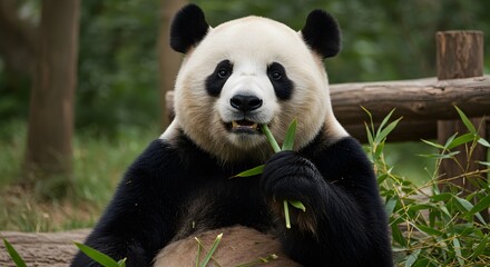 Giant Panda Chewing Bamboo in a Forested Habitat