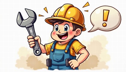 Cartoon repairman with wrench and exclamation bubble for maintenance service websites and repair company advertising