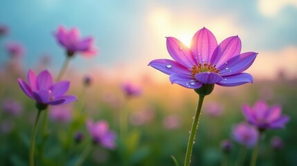 Fototapeta premium A Delicate Field of Purple Blossoms Glowing in the Soft Light of Sunrise, Dewdrops Adorning Petals