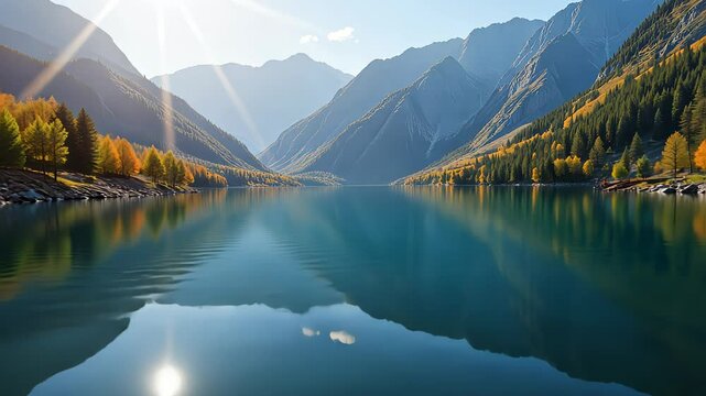  A serene mountain lake reflecting the surrounding autumn foliage in its calm waters