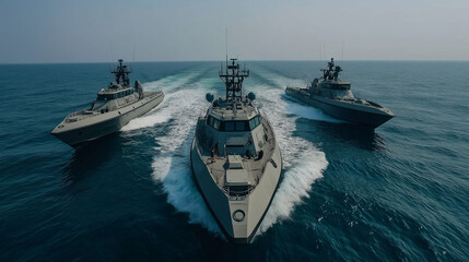 Naval patrol boats cruising through the open sea, maintaining security and vigilance in international waters, symbolizing maritime defense and global cooperation.