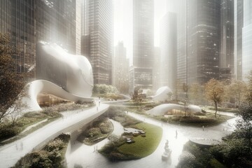 Futuristic park Sculptural architecture blends with nature amidst towering city buildings