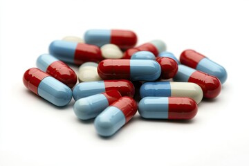 Pile of assorted pills.  Small, oblong capsules in light blue and red, some white.  Close-up view against white background