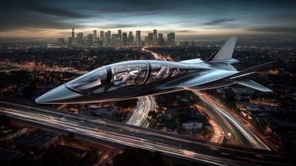 Futuristic plane flying over cityscape at dusk, highway lights blurring below