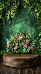 round wooden podium mockup in a forest. International Product Showcase