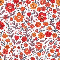 Floral pattern. Pretty flowers on a white background. Printing with small orange, red, and pink flowers. Ditsy print. Spring Bouquet.A white background, red and orange small flowers pattern.
