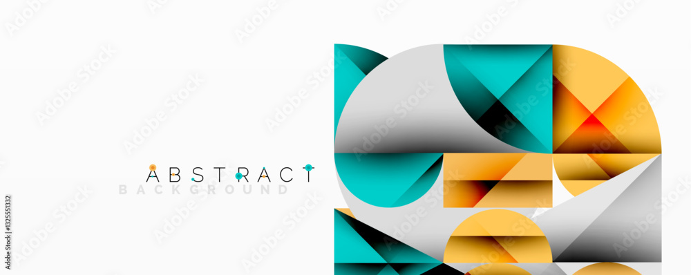 Poster Abstract geometric design with intersecting circles, triangles, squares and sharp angles creating a layered composition with gradients, depth, and contrast