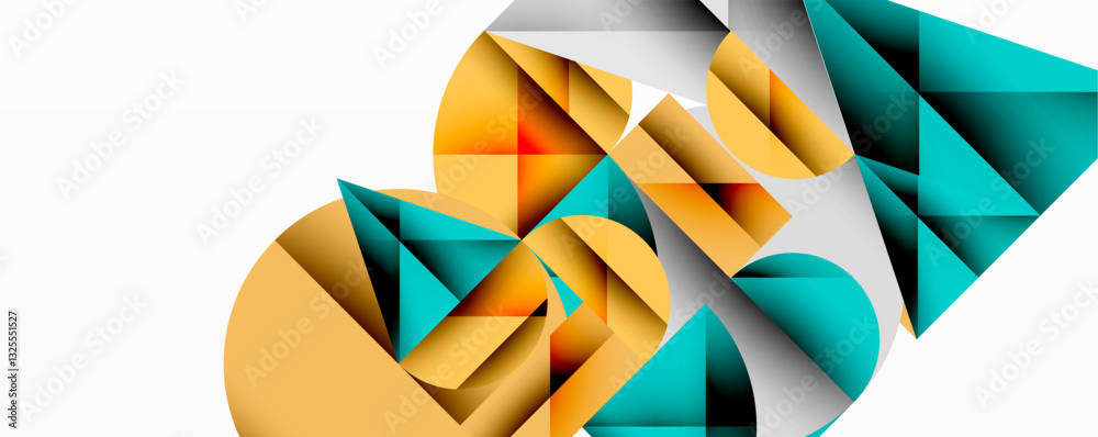 Poster Abstract geometric design with intersecting circles, triangles, squares and sharp angles creating a layered composition with gradients, depth, and contrast