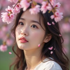 Naklejka premium Asian woman’s watery eyes by blooming tree, pink petals fall, showing pollen sensitivity signs.