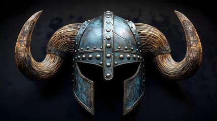 Intricate digital artwork of an ancient Viking helmet featuring ornate designs and horn embellishments