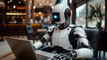 Futuristic Robot Working on Laptop in Modern Coffee Shop Setting