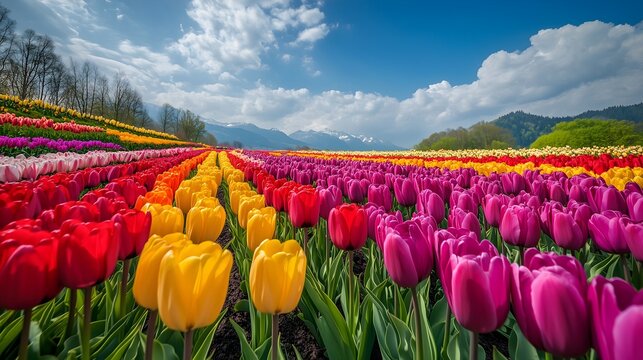 Vibrant spring landscape featuring blooming tulips in a colorful garden with a mountain backdrop