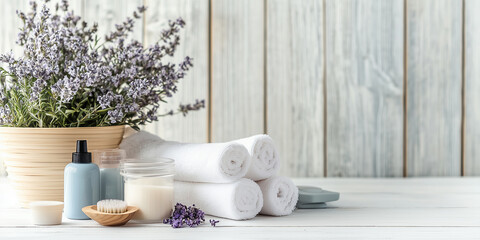 Spa-Zubehörset auf weißem Holztisch. 