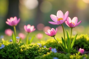 Fototapeta premium Delicate pink blossoms bathed in warm sunlight, nestled amongst vibrant green moss, creating a serene and idyllic springtime scene