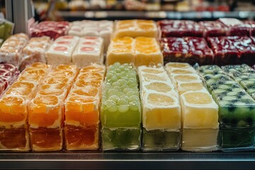 Assorted fruit jellies in plastic packaging, vibrant colors and textures. Perfect for food blogs, articles about desserts, or websites showcasing confectionery.