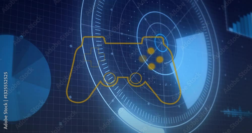 Poster digital animation of game controller outline with futuristic circular patterns