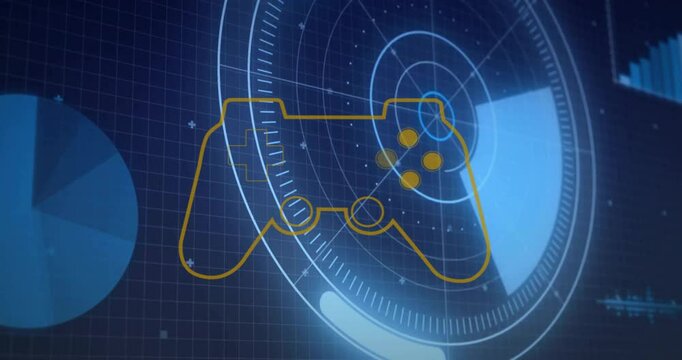 Digital animation of game controller outline with futuristic circular patterns