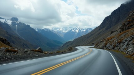 A winding mountain road with yellow markings, cutting through rocky terrain with snow-capped peaks in the distance under a cloudy sky.