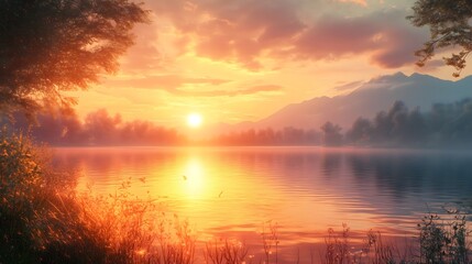 Obraz premium Summer sunset casts golden hues over a tranquil lake, surrounded by lush greenery and distant mountains