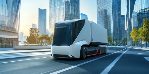 Autonomous truck drives on city road with skyscrapers in the background