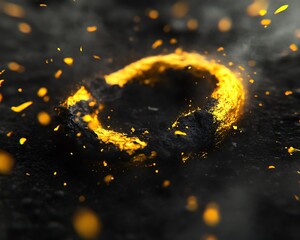 Glowing ring of fire amidst dark textured surface with particles