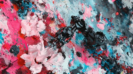 Abstract robotic art piece amidst vibrant pink and blue paint splatters and flower petals.