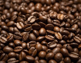 Obraz premium Scattered coffee beans on a neutral surface. Warm lighting enhances texture and rich brown tones, creating a cozy and inviting aesthetic.