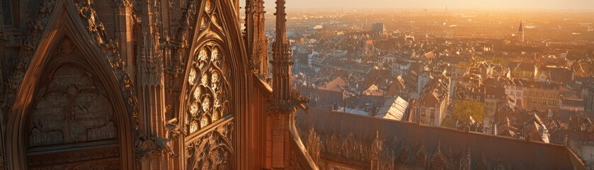 Gothic cathedral tower overlooking a city at sunset