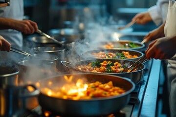 Chefs working in a busy kitchen with multiple pans cooking different dishes.