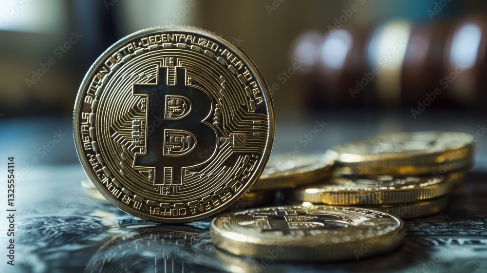 Poster bitcoin coin placed on table surface illustrating the use of virtual currency in modern financial tr