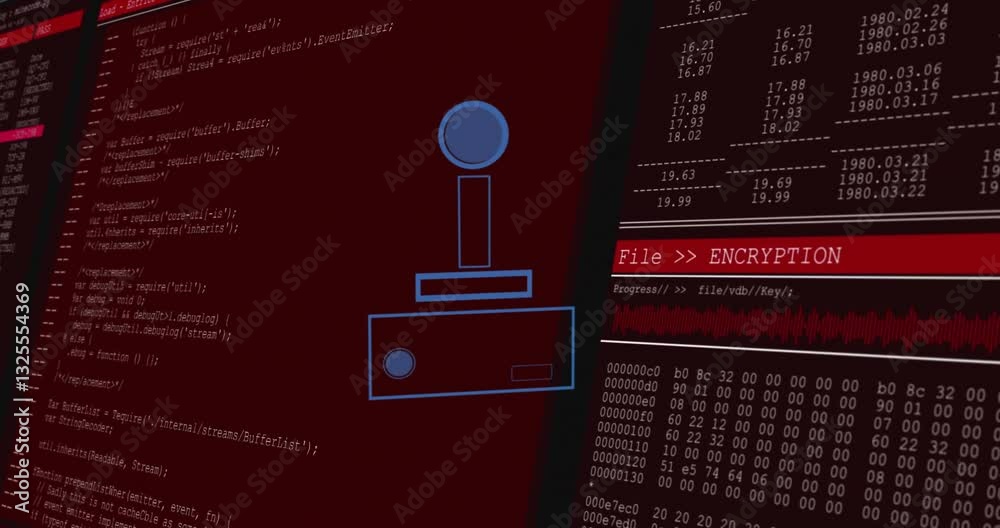Aufkleber data visualization and digital encryption process with coding on red background