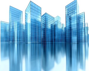 Obraz premium Transparent blue city skyscrapers with detailed geometric shapes and reflections