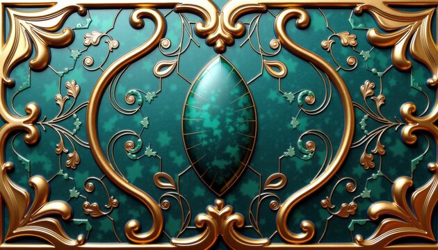 Ornate turquoise glossy enamel with gold decorative patterns for luxury branding and jewelry marketing