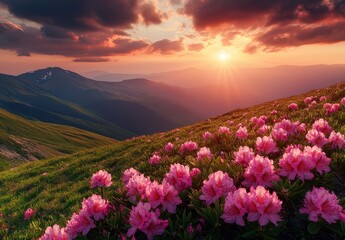 Fototapeta premium Stunning Sunset Over Vibrant Pink Flowers on Mountain Slope with Lush Green Hills and Expansive Sky Capturing the Beauty of Nature
