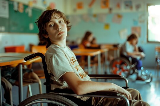 Bright classroom setting features school-age child in light-colored clothes engaged in learning while using a wheelchair