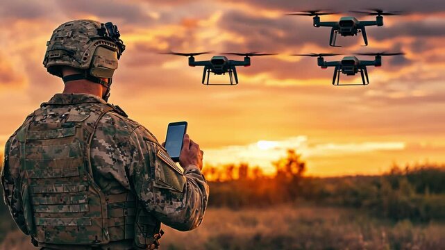 A soldier using a mobile device as drones fly at sunset.