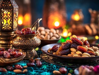 Traditional Arabic Food Served During Ramadan Featuring Dates and Almonds - ai