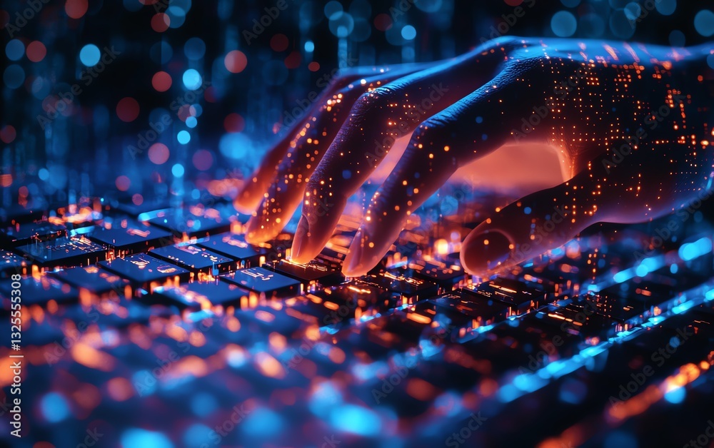 Aufkleber abstract business hand on a backlit keyboard