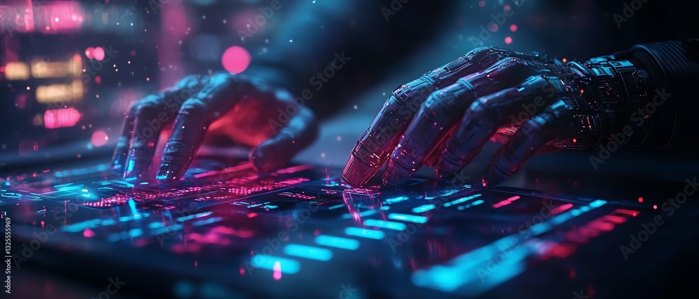 Poster cybernetic fingers typing on a virtual holographic keyboard