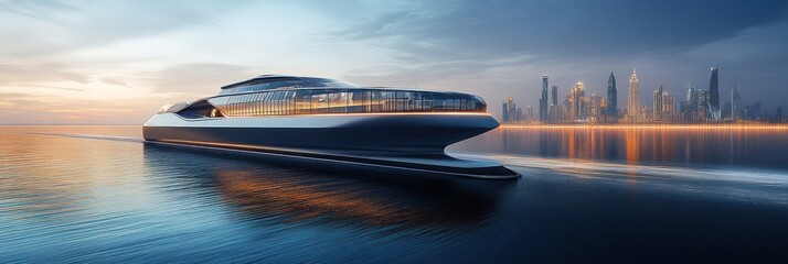 Luxurious futuristic yacht on the water at sunset