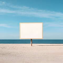 white billboard mockup standing on a beach with waves and blue skies in the background