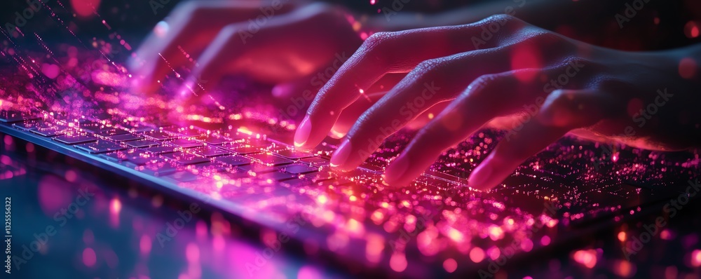 Poster glowing fingertips on a sleek keyboard