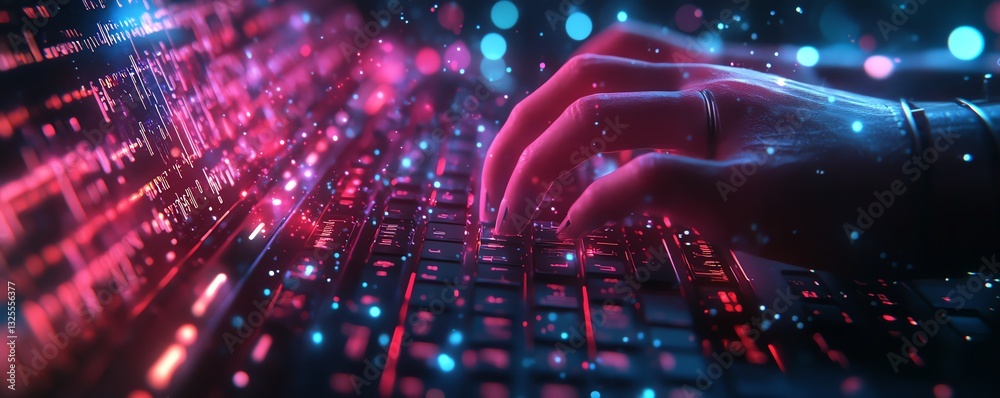 Poster glowing fingertips on a sleek keyboard