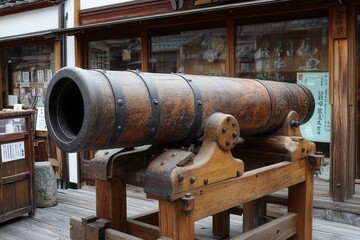 An antique cannon displayed on a wooden stand, showcasing its historical design in a traditional setting.