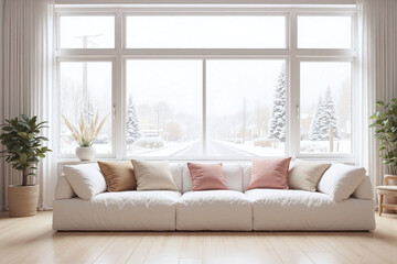 Modern living room large window snowy street white sofa