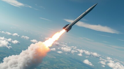 Fototapeta premium A rocket launches into the sky, leaving a trail of smoke and fire, symbolizing technological advancement and space exploration.