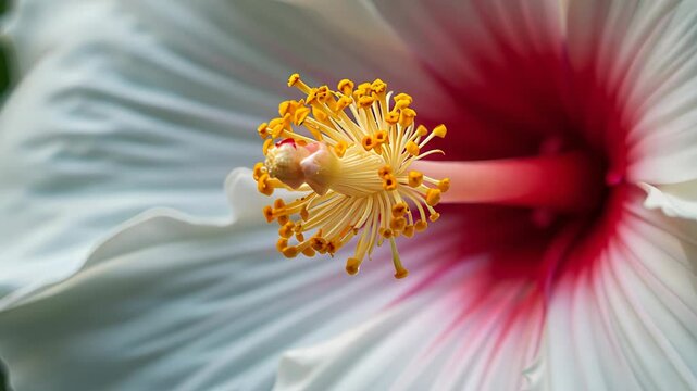  Close-up of a white flower with a red stigma and yellow anthers