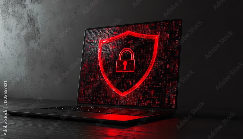 Poster 3D rendering of a laptop with a red shield and an open padlock displayed on the screen
